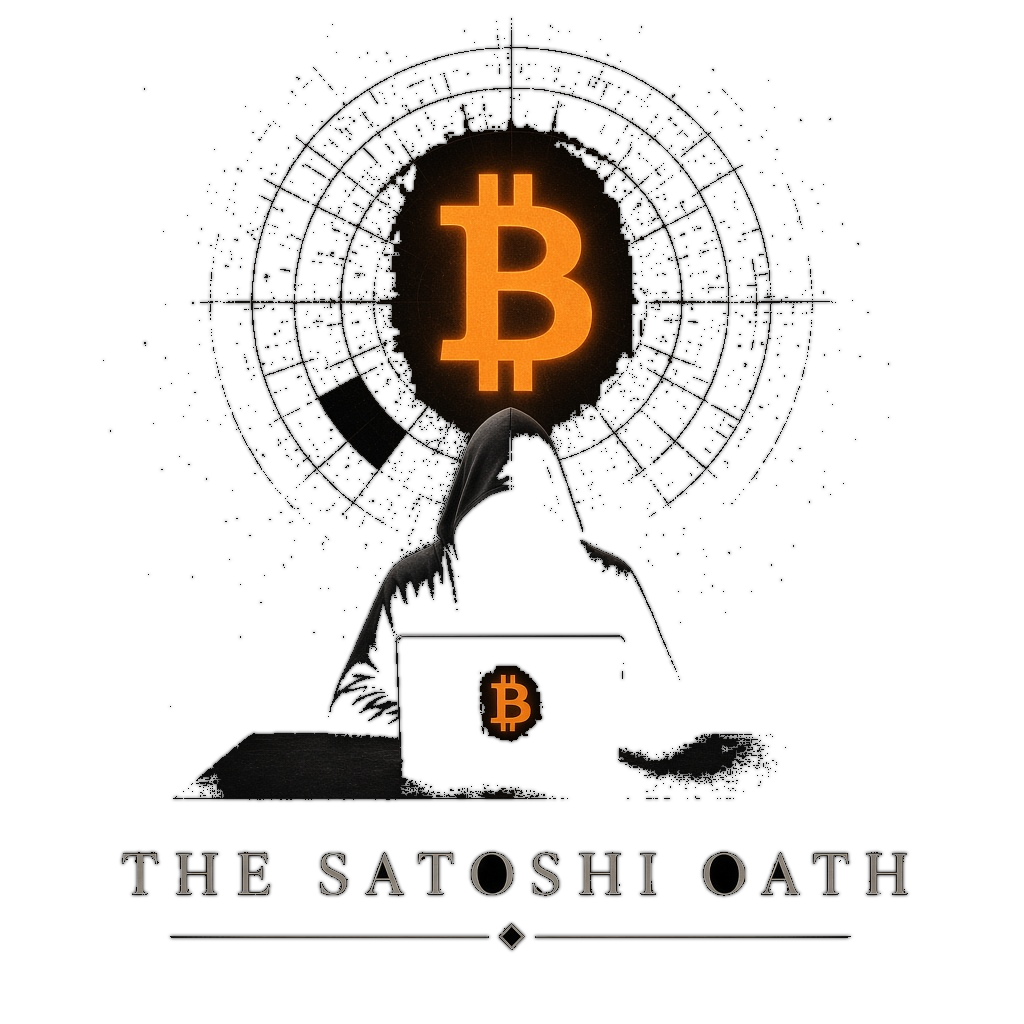 The Satoshi Oath. A hooded figure at a laptop beneath a glowing Bitcoin mark.